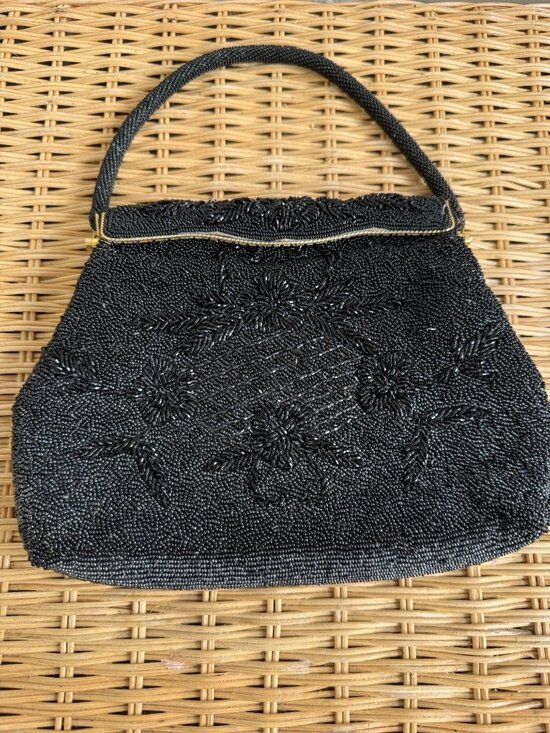 unbranded Handbags - Vintage 1960s Black Glass Floral Seed Beaded Top Handle Formal Purse